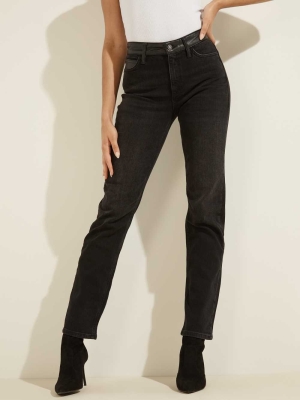 GUESS 1981 Faux-Leather Waist Straight Women's Jeans Black | UK6128DYT