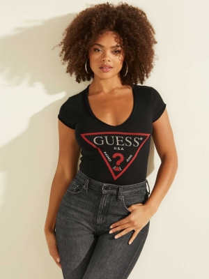 GUESS Bling Logo Women's T-Shirts Black Multicolor | UK3962GAS