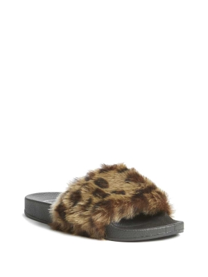 GUESS Buffie Leopard Faux-Fur Slide Women's Slide Sandals Brown | UK4785FSH