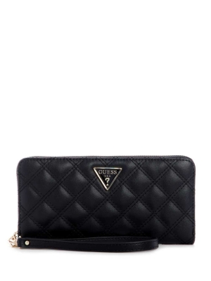 GUESS Cessily Quilted Large Zip-Around Women's Wallets Black | UK0836QGO