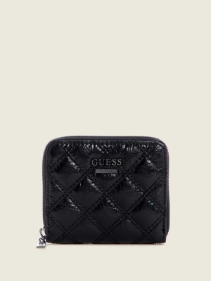 GUESS Cessily Quilted Small Zip-Around Women's Wallets Black | UK2604WRA