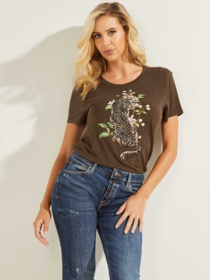 GUESS Cheetah Bloom Easy Women's T-Shirts Coffee | UK4861XLC