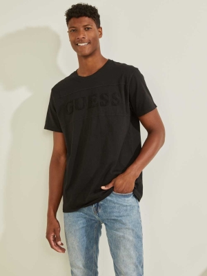 GUESS Chenille Logo Men's T-Shirts Black | UK0948BDR