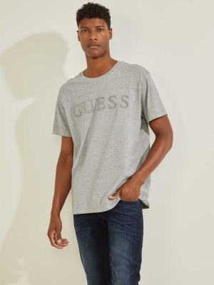 GUESS Chenille Logo Men's T-Shirts Grey | UK7419XHT