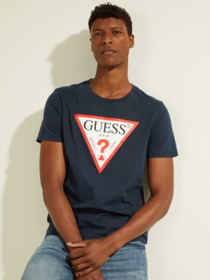 GUESS Classic Logo Men's T-Shirts Navy | UK9014QWN