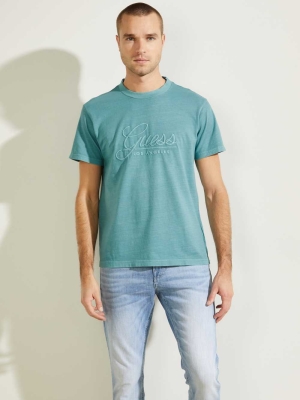 GUESS Classical Embroidered Logo Men's T-Shirts Turquoise | UK1736NMA