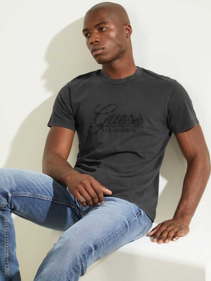 GUESS Classical Embroidered Logo Men's T-Shirts Black | UK2813PIU