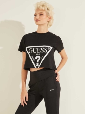 GUESS Cropped Logo Women's T-Shirts Black | UK6948TWI