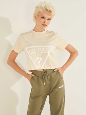 GUESS Cropped Logo Women's T-Shirts Cream | UK4032QKS