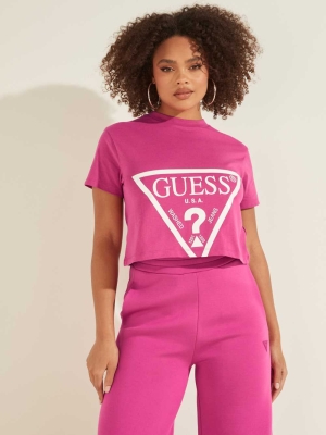 GUESS Cropped Logo Women's T-Shirts Purple | UK5962SPW