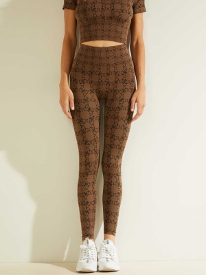 GUESS Della Logo Print Women's Leggings Brown | UK5738HTO