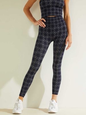 GUESS Della Logo Print Women's Leggings Navy | UK8651NDL