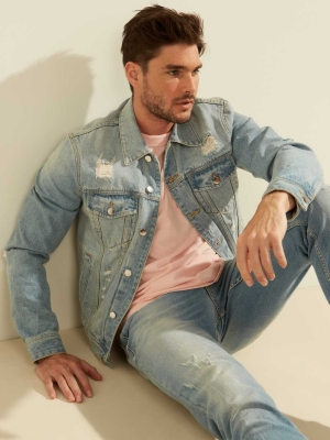 GUESS Dillon Light-Wash Denim Men's Jackets Blue | UK9153VAJ