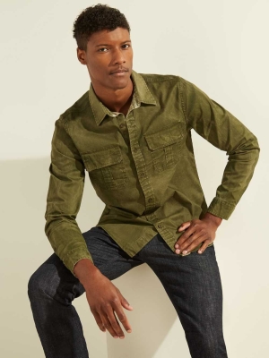 GUESS Dusty Twill Washed Milton Men's Shirts Deep Green Multicolor | UK0741LXN