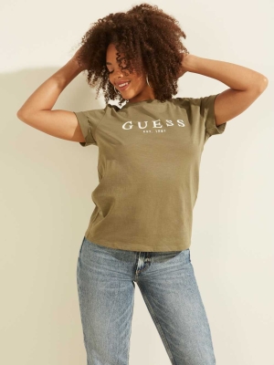 GUESS Eco 1981 Rolled Cuff Logo Women's T-Shirts Olive | UK5837LED