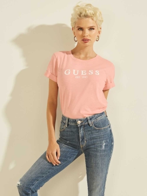 GUESS Eco 1981 Rolled Cuff Logo Women's T-Shirts Pink | UK8620NZX