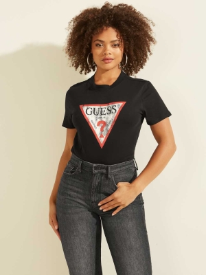 GUESS Eco Classic Logo Women's T-Shirts Black | UK4051KGW