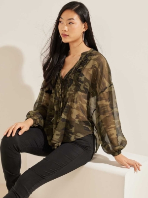 GUESS Eco Diamante Women's Blouse Camo Green | UK4158ENK