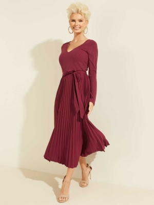 GUESS Eco Erynn Pleated Long-Sleeve Women's Dresses Dark Red | UK3761KPR