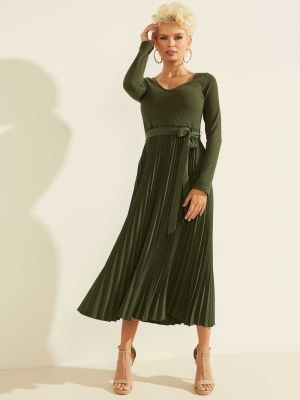 GUESS Eco Erynn Pleated Long-Sleeve Women's Dresses Green | UK5381APM