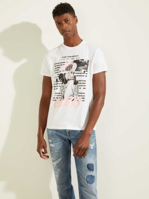 GUESS Eco Night Graffiti Men's T-Shirts White | UK8943MEH