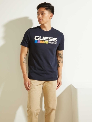 GUESS Eco Race Club Men's T-Shirts Dark Blue | UK0413IEU