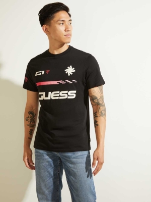 GUESS Eco Racer Logo Men's T-Shirts Black | UK6071FXH