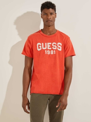 GUESS Eco Raw Patchwork Logo Men's T-Shirts Orange | UK1375JYR