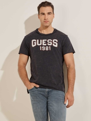 GUESS Eco Raw Patchwork Logo Men's T-Shirts Dark Blue | UK2835CWM