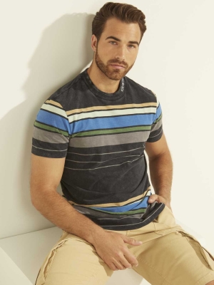 GUESS Eli Acid Wash Stripe Men's T-Shirts Navy | UK4763LDS