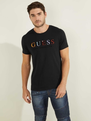 GUESS Embossed Logo Men's T-Shirts Black | UK9562ISQ