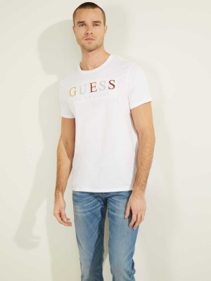 GUESS Embossed Logo Men's T-Shirts White | UK4713UFY