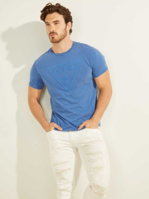 GUESS Embroidered Logo Men's T-Shirts Blue Multicolor | UK4872ICZ