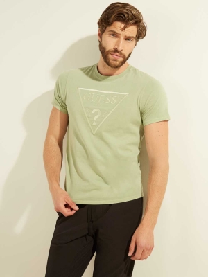 GUESS Embroidered Logo Men's T-Shirts Olive Multicolor | UK3259DOA