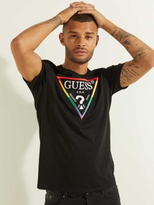 GUESS Embroidered Rainbow Logo Men's T-Shirts Black | UK8539AIE