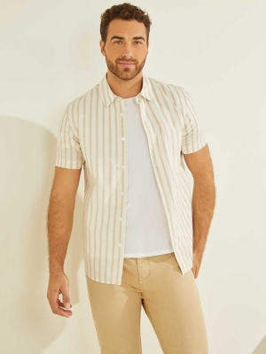 GUESS Falls Striped Men's Shirts Beige | UK1289EXZ