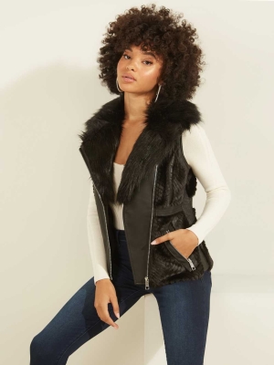 GUESS Faux-Fur Moto Women's Vest Black Multicolor | UK5896WKZ