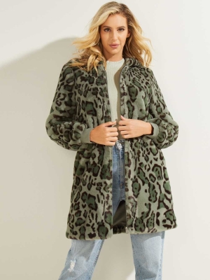 GUESS Fernanda Leopard Faux-Fur Women's Coats Green Olive | UK6132UGO