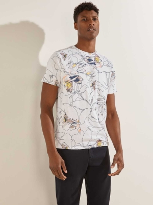 GUESS Floral Outline Men's T-Shirts White Multicolor | UK2176IYZ