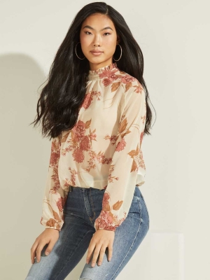 GUESS Floral Puff Sleeve Women's Blouse Pink Flower | UK3492WYN