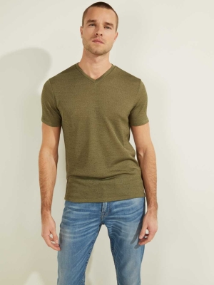 GUESS Gauze V-Neck Men's T-Shirts Olive | UK0832JRQ