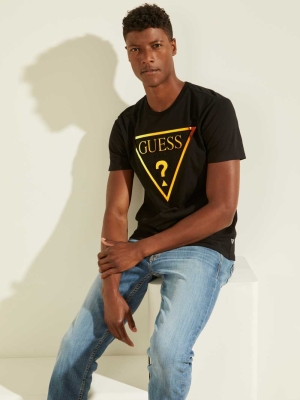 GUESS Hologram Logo Men's T-Shirts Black | UK7326FGX