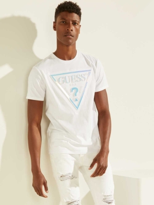 GUESS Hologram Logo Men's T-Shirts White | UK0213ZUC