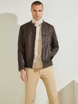 GUESS Leather Biker Men's Jackets Chocolate Brown | UK6572TGK