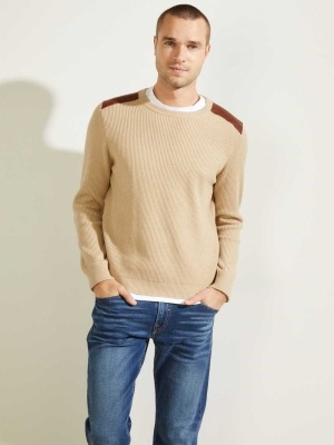 GUESS Liam Leather Patch Men's Sweaters Beige | UK3862QYF