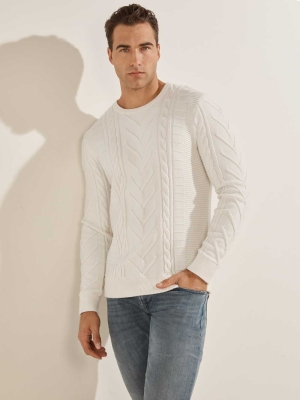 GUESS Liam Mixed Cable Men's Sweaters White | UK4237XDO