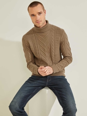 GUESS Liam Mixed Cable Turtleneck Men's Sweaters Khaki | UK0129DRZ