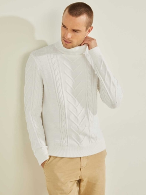 GUESS Liam Mixed Cable Turtleneck Men's Sweaters White | UK6829DAY