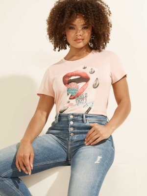 GUESS Lip Glitter Pop Easy Women's T-Shirts Pink | UK2860HPR