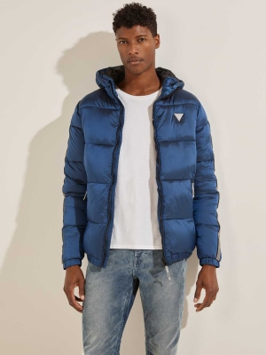 GUESS Logo Nylon Puffer Men's Jackets Blue | UK9835TQL